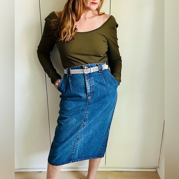Y2K Denim Pencil Skirt Midi Length Pocket Medium wash Size 10 Made in USA - Picture 2 of 8